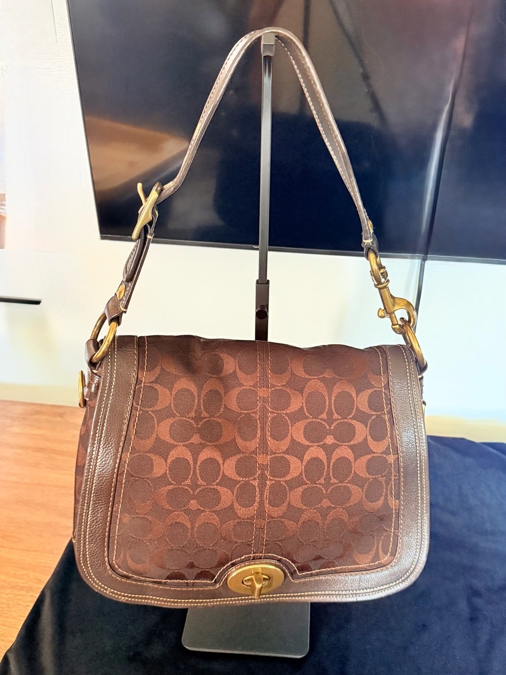 Coach Brown Signature Canvas Shoulder Bag with Gold Hardware